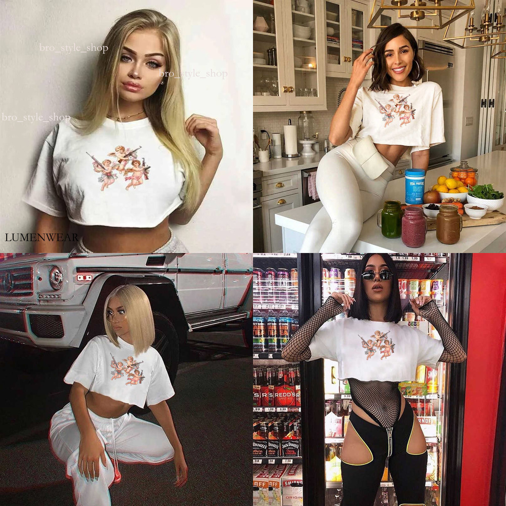 Angel Print Women Fashion Short Sleeve Casual Loose T Shirt Woman Crop Tee Tops Summer Tshirt Streetwear feminina camiseta hip