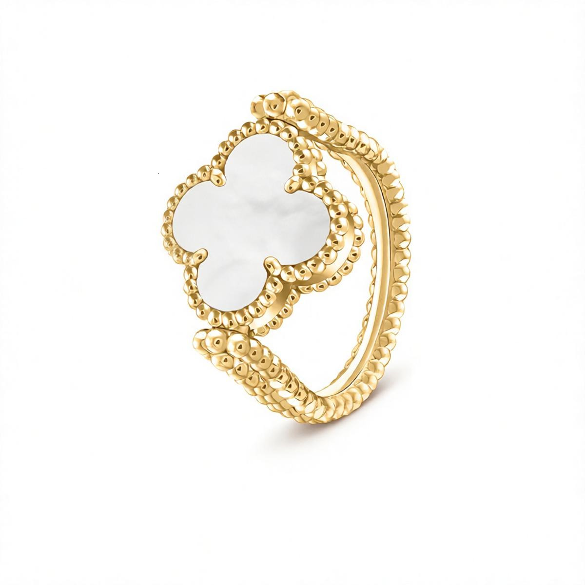 designer ring for women White Mother-Of-Pearl Reversible Double-Sided Four-Leaf Clover Ring Platinum With Laser-Cut Diamond Closed Ring vanlies clee