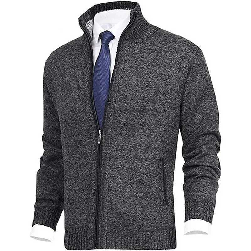 Business Men's Zipper Cardigan Casual Old Money Slim Fit Solid Color Knitwear Thin Flce Warm Clothing Autumn Sweater M261016