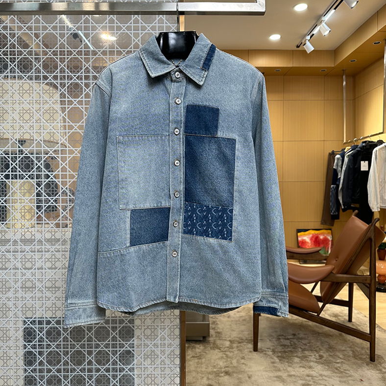 Street Style Panelled Print Denim Shirt Vintage Lapel Collar Long Sleeve Loose Button Top Autumn Travel Dinner Chic Jean Blouse