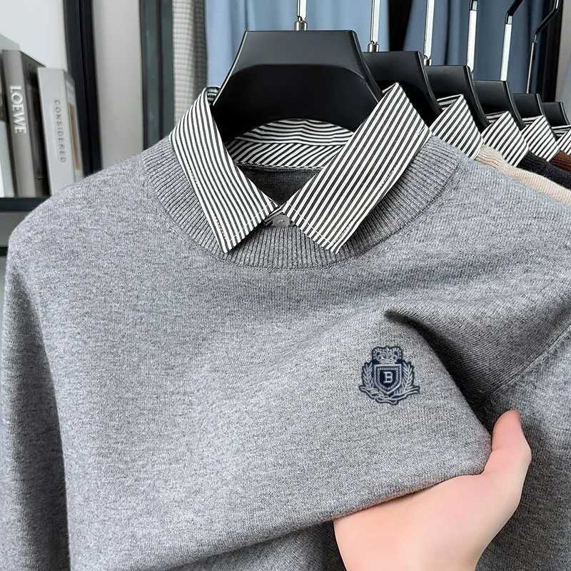 Solid Autumn Warm Color Men's O-Neck Knit Pullover Sweater Embroidery Fake Two Piece Long Slved Tops Commuting Men's Clothing M261016