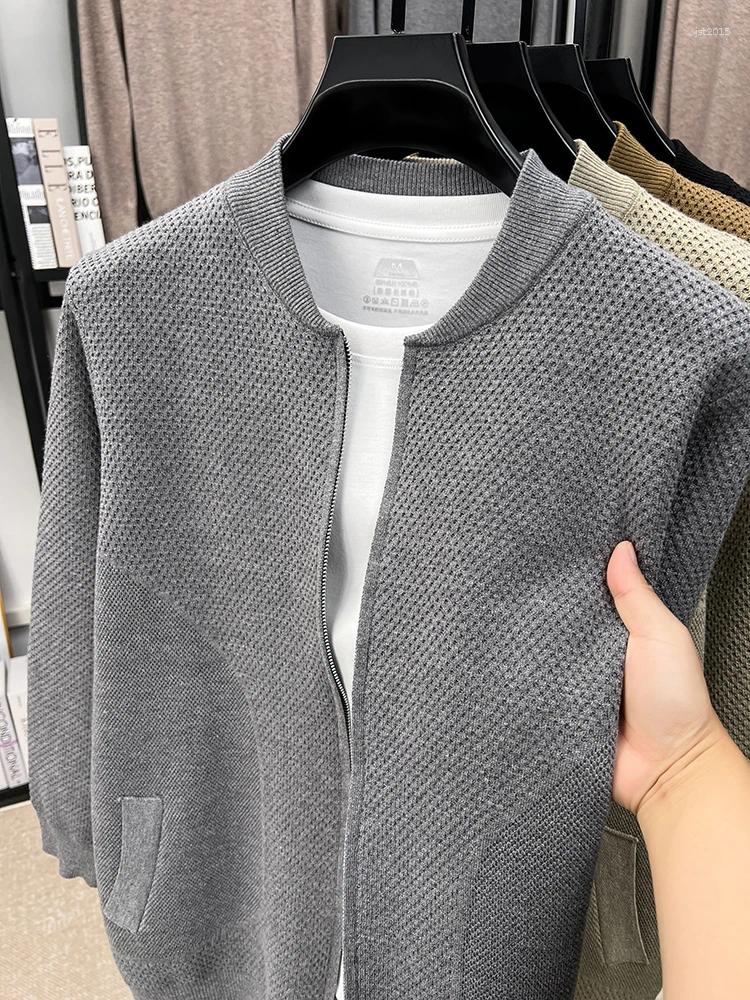 High End Fashion V-neck Knitted Coat Men's Personality Solid Color Splicing Comfort Pocket Casual Zipper Sweater Cardigan