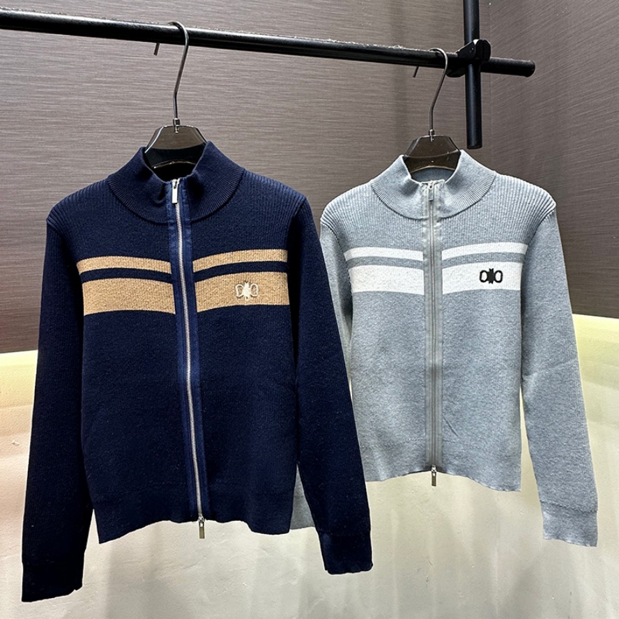 Women Slim Fit Knit Cardigan Luxury Zipper Contrast Color Striped Sweater Cardigan Daily Office Commute Brand Chic Cardigan
