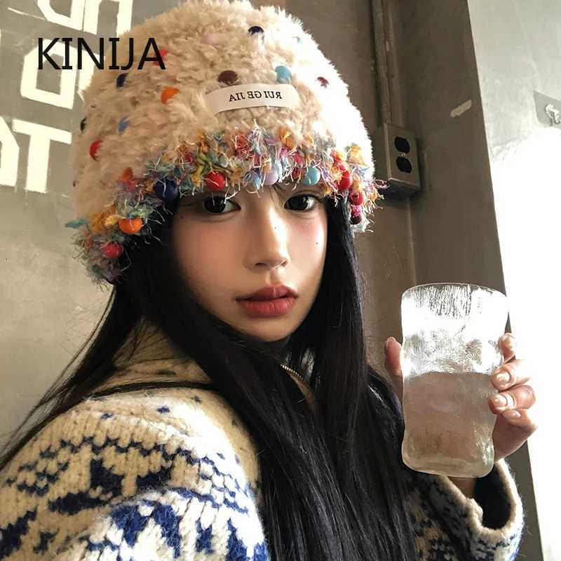 Beanie/Skull Caps Women Colorful Earmuffs Beanie Hat Winter Warm Fluffy Plush Skullies Cap Korean Cold-proof Knitted Ski Snow Bonnet Plu Hat Q261017