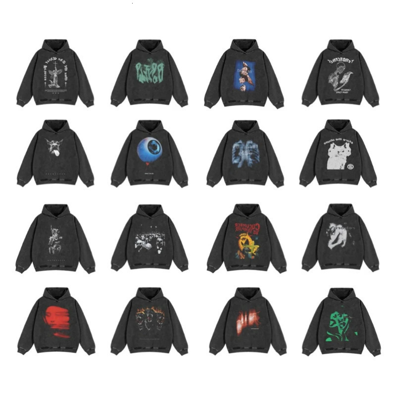 Plus Size Men's Hoodie Washed Black Hoodie Vintage High Street Digital Print Pattern Men Women Streetwear Gothic Trend Oversized Casual oversiz