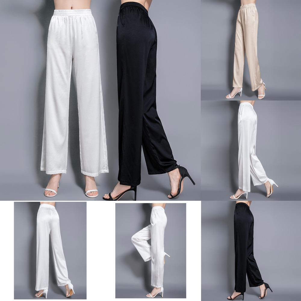 Summer silk wide-leg pants for women, loose-fitting, Korean-style, fashionable straight-leg pants with elastic waistband, flowing mulberry silk pant