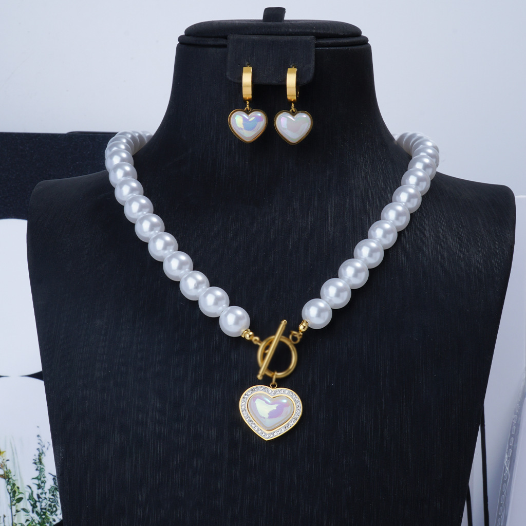2-piece Copper Plated 24K Gold Imitation Pearl Fashionable Elegant High-end Women's Necklace and Earrings Set