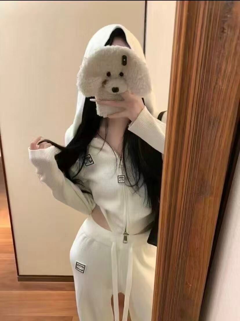 Women new autumn logo letter appliqued designer hooded knitted sweater coat and long pants suit casual twinset autumn SML