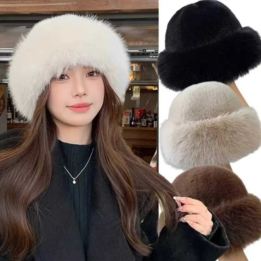 Beanie/Skull Caps New Fluffy Fur Winter Hat Solid Color Thicken Bucket Hat Cold Windproof Plush Berets for Women Girls Panama Cap Q261017
