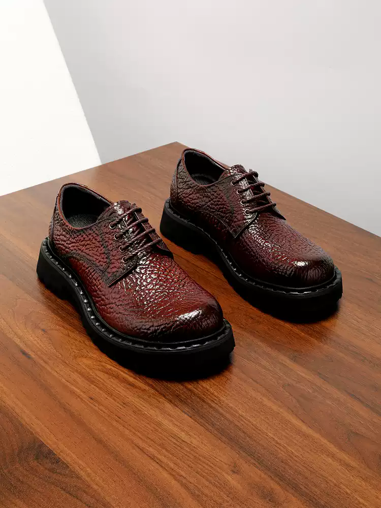 Men Genuine Leather Derby Shoes Bull Grain Texture Thick Chunky Sole Lace Up Retro British Big Toe Formal Wedding Business Dress Footwear Big Size 3