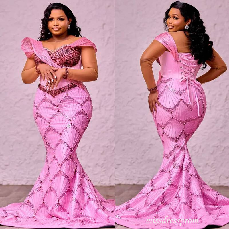 Plus Size Pink Mermaid Prom Dress 06 Evening Dresses Formal Gowns Sheer Neck Illusion Tassel Pleated Beaded Lace Crystals Birthday Second Reception