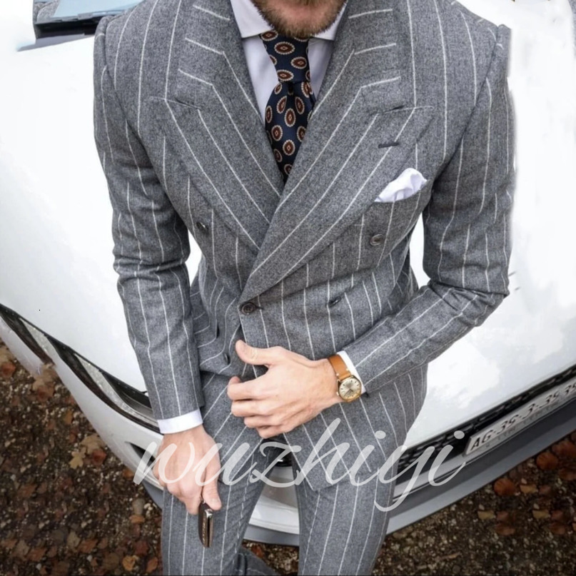 Formal Grey Cashmere Wool Striped Mens Suits 2 Piece Sets Fashion Warm Lapel Business Wedding Prom Tuxedos Customized 261019