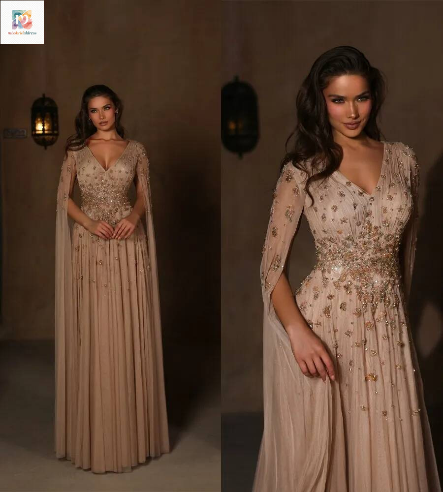 Elegant A Line Evening Dresses Beaded Rhinestones Floor Length Dress Cape Sleeves Formal Women Party Gowns Customized Mb017