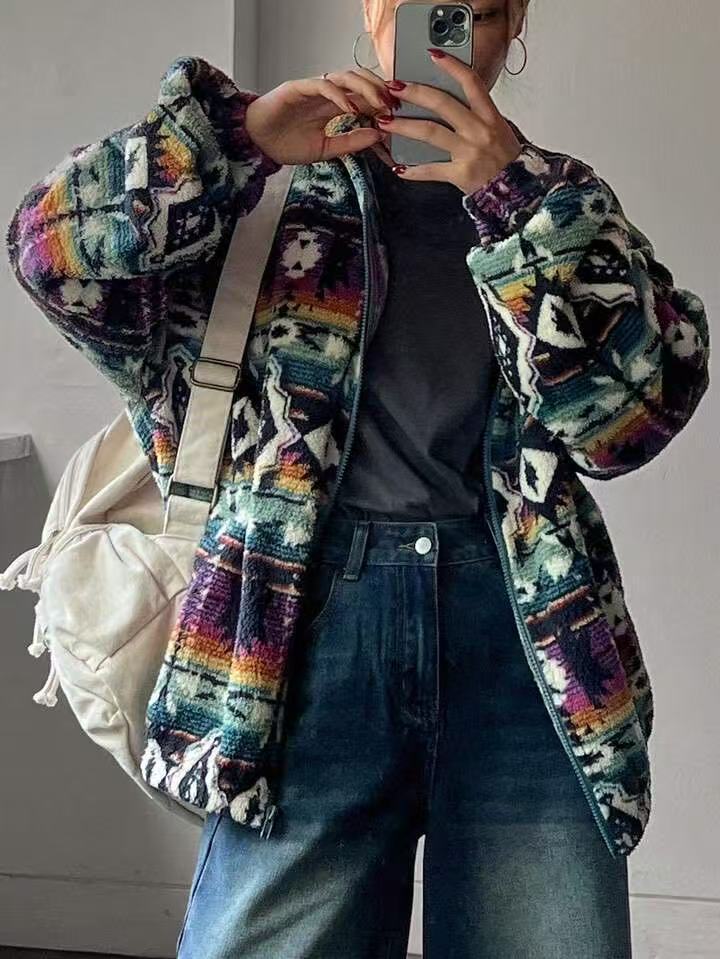High-End Fashion Daily Luxury Clothing Hot-Selling European American Style Printed Double-Sided Plush Zip-Up Cardigan, Autumn Winter Women's Fa