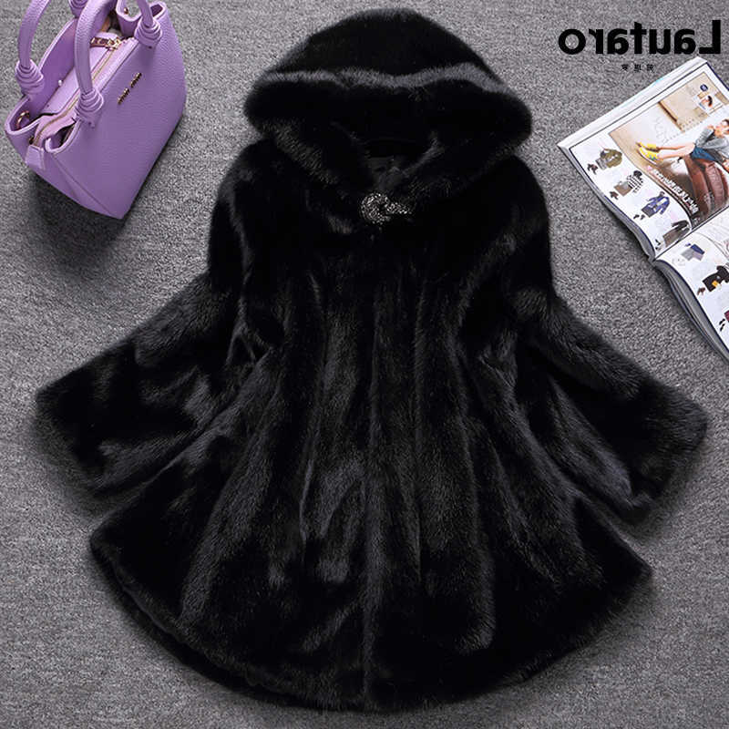 Winter Lautaro Black Warm Thick Hairy Soft Mink Fur Coat Women Hood Elegant Fluffy Jacket 4xl 5xl 6xl 7xl S261016Q015