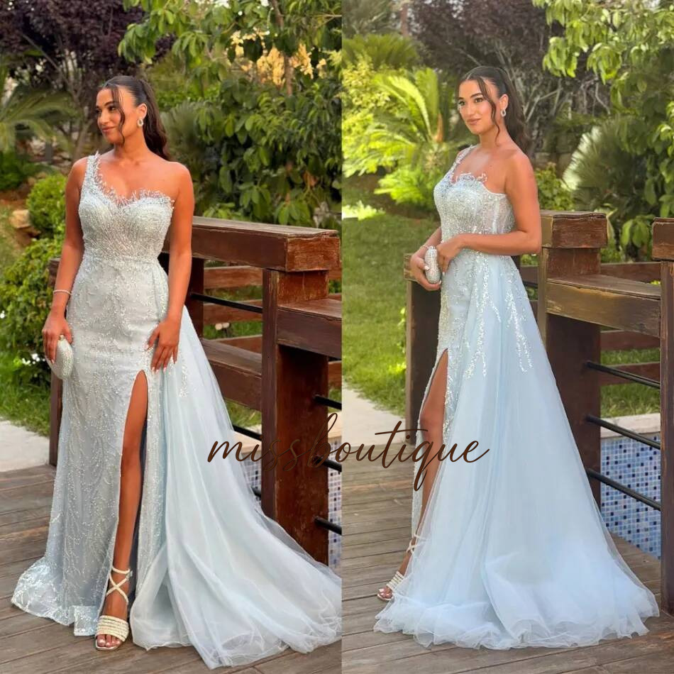One Shoulder Mermaid Evening Dresses Gorgeous Split Sweep Train Prom Dress Sequins Beading Party Gown Customized Q017