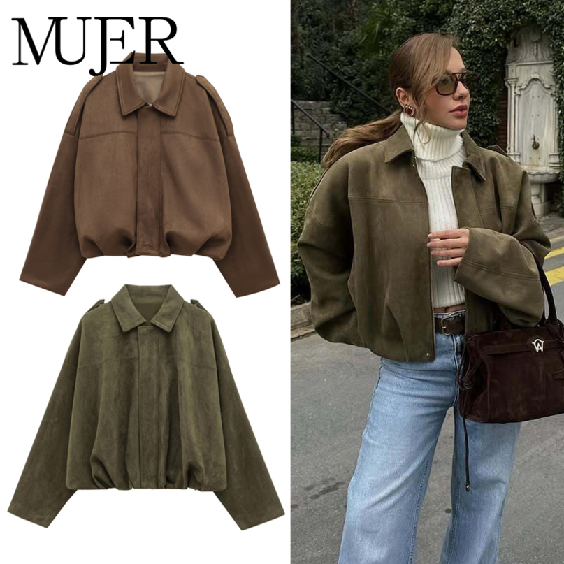MUJER Faux Suede Bomber Jackets for Women Zip Oversized Jacket Woman Outerwears Padded Varsity Streetwear Womens Coats 261019