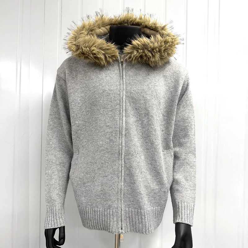 Men Women Unisex Gray Black Blue Apricot Cleanfit Knitted Cardigan Sweater Top Quality Warm Detachable Fur Collar Zipper Hoodie T261019