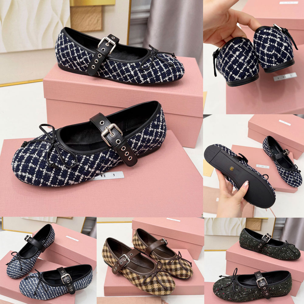 Tweed Check Ballerinas Womens Designer Bowtie Ballerina 5F653E Luxury Shoe Upper Metal Buckle Casual Ballerina Classic Fashion Brand Ballet Pump Rub
