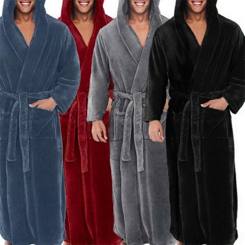 Men Soft Coral Fleece Solid Color Pockets Long Bath Robe Home Gown Sleepwear Plus Size Loose And Comfortable Wear 261019