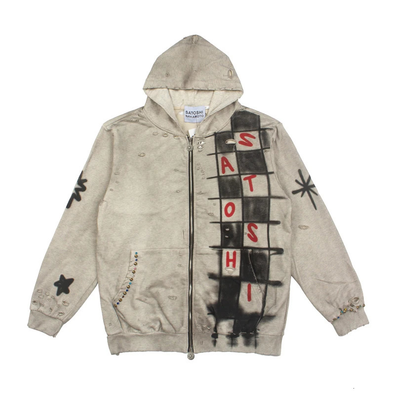 Men Women Vintage Distressed SATOSHI NAKAMOTO Zip Hoodie Letter Print Street Oversized Jacket Washed Do Old Sweatshirt Y2K 261019
