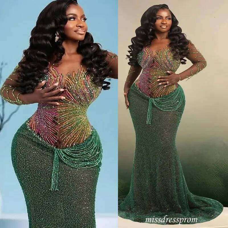 Plus Size Colorful Mermaid Prom Evening Dresses Long Sleeves Beaded Party Dress Sequined Lace Formal For African Black Women Birthday Gowns Am3762