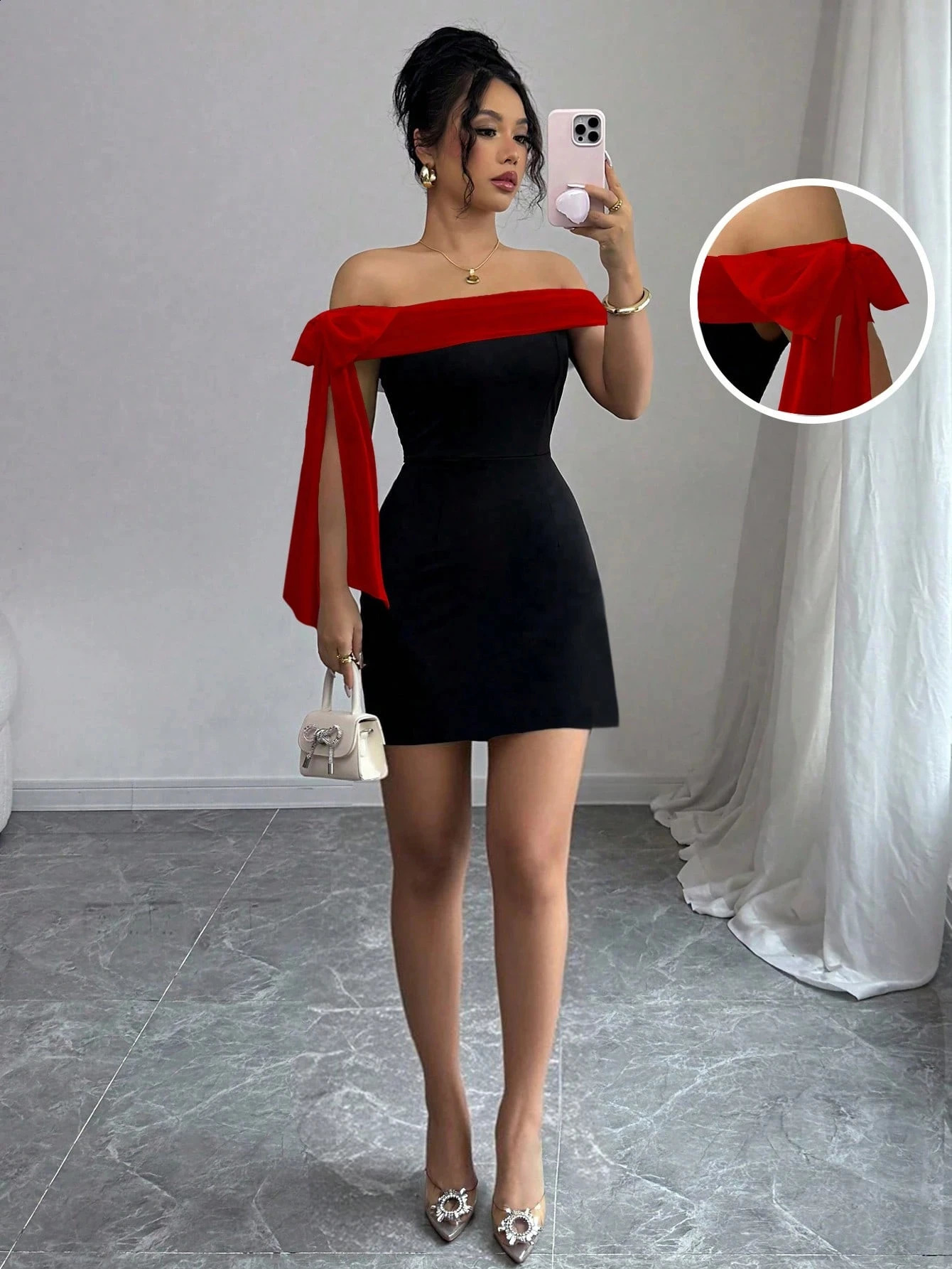 Women Off Shoulder Mini Dress Red Big Bow Spliced Bodycon Short Dresses Elegant Slim Fit Black Little Dress Night Club Party Birthday Outfits Evenin