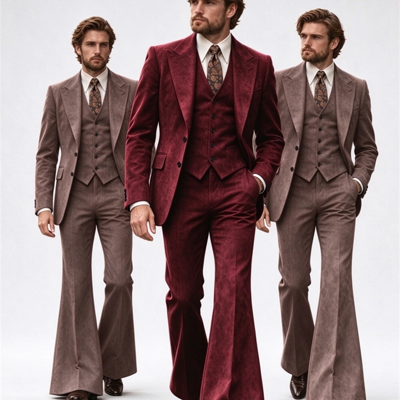 Mens 3 Piece Faux Suede Suit 70s Retro Flared Pants Jacket Vest Set Stage Costume Formal Wedding Groom Garment 261016