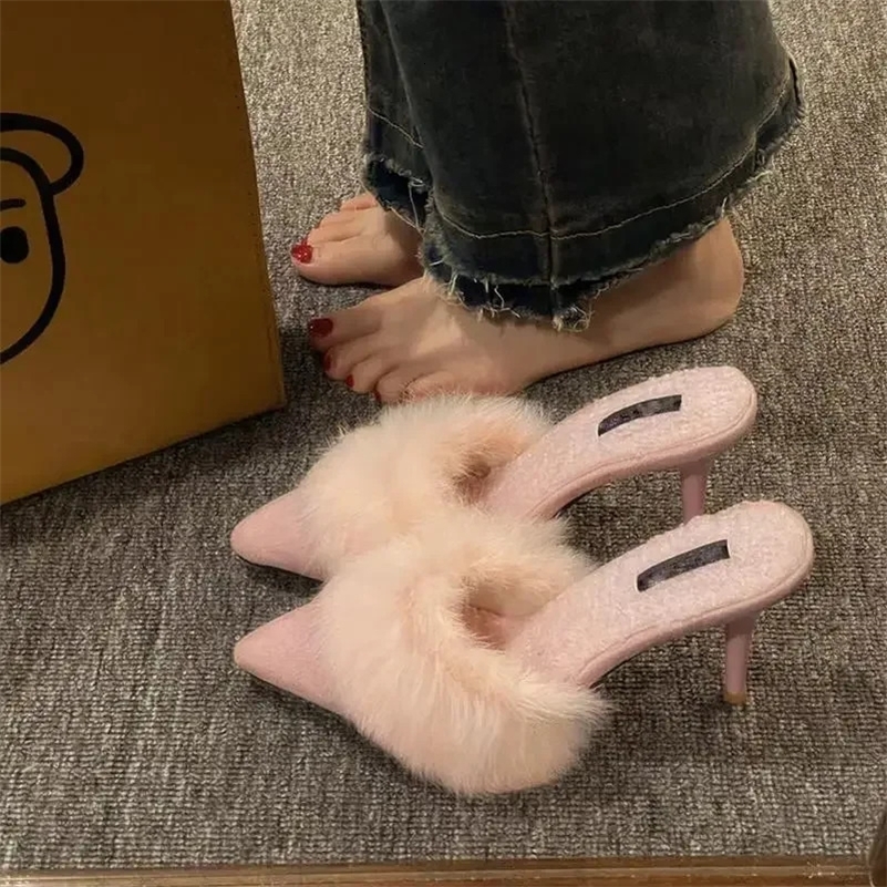 Women Warm Plush Pointed Toe High Heels Winter Mules Slipper Korean Fashion Thin Heels Flip Flops Pumps Zapatos Mujer 260928