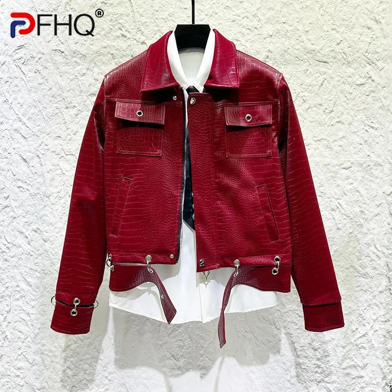 PFHQ American Style PU Leather Men Jacket Niche n Metal Splicing Decoration Lapel Short Coat Trendy Menswear 21P1861 261014