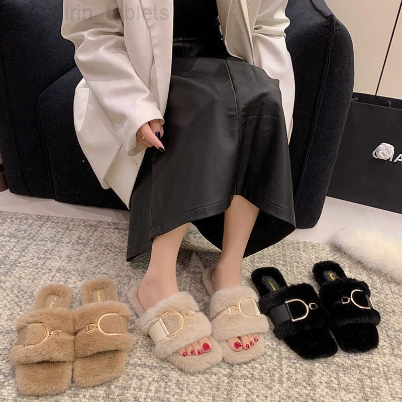 Slippers Hot new free shipping designer slippers for womens flat sandals beige khaki black Fashionable and Versatile Fuzzy Slippers D261019