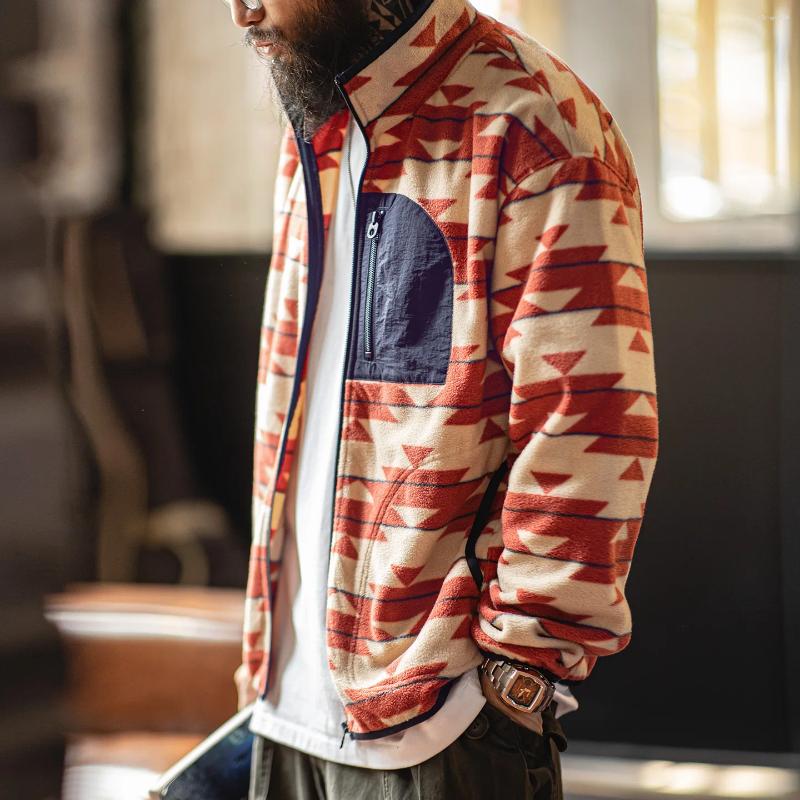 Maden Men's Vintage Polar Fleece Jacket Stand Collar Zip-Up Patchwork Sweatshirt Warm Cardigan For Spring And Autumn Coat