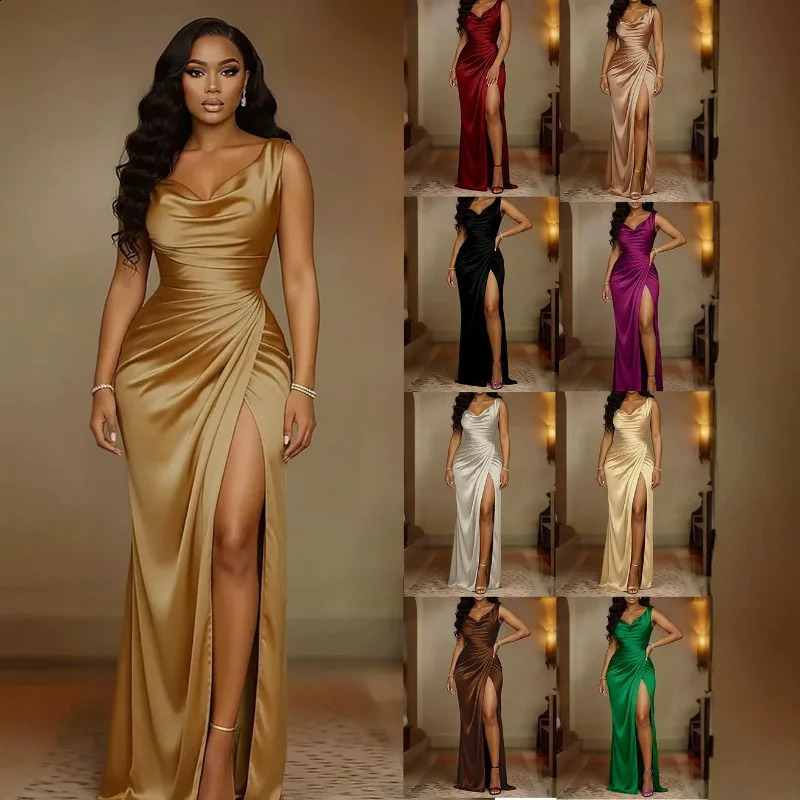 Women's Summer Fashionable Banquet Dress Sleeveless Hem Split Solid Color Slimming Dress for Women 261014