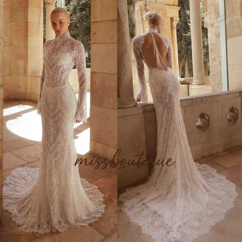 Illusion Mermaid Wedding Dresses High Neck Long Sleeve Lace Appliques Bridal Gowns Customized Sexy Open Back Bride Dress Q017