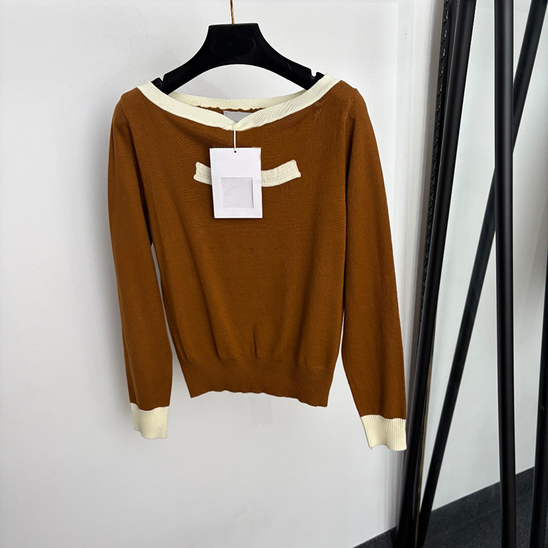 Luxury Women Casual Sweaters Slash Neck Color Blocked Long Sleeve Jumpers Autumn Winter Street Style Y2K Knitted Pullovers
