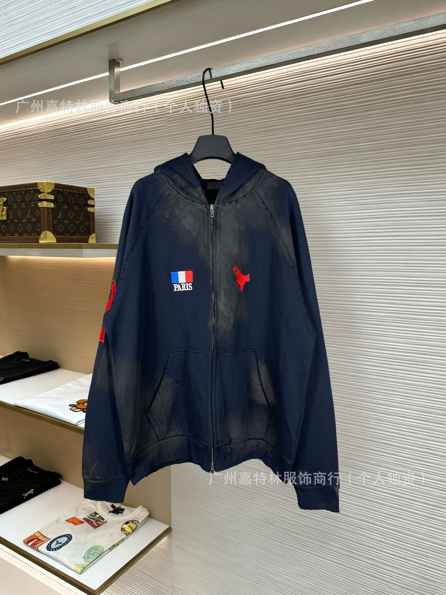 Cross-border, in-stock B-brand polo shirt with designer luxury embroidered national flag, distressed hooded sweatshirt, unisex, trendy Paris outerwe