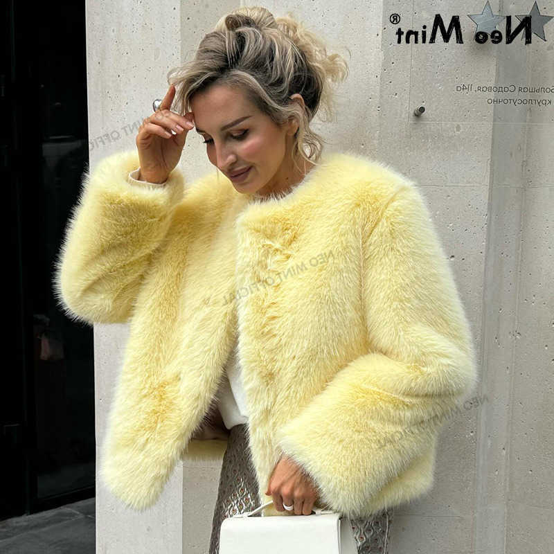 Mint Neo Cool Strt Girls Winter Fluffy Fur Jacket Women Casual Round Neck Fur Coat Chic Thick Warm Outerwear S261016YKE1