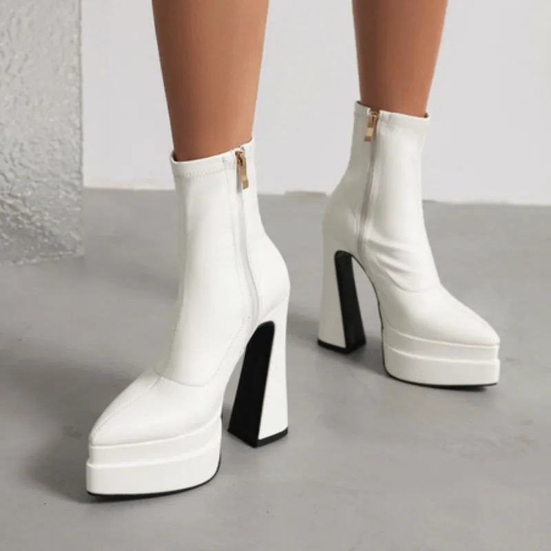 Autumn and Winter Style Fashion High-heeled Women's Boots Solid PU Pointed Toe Zipper Platform Square Heel Women's Boots 261019