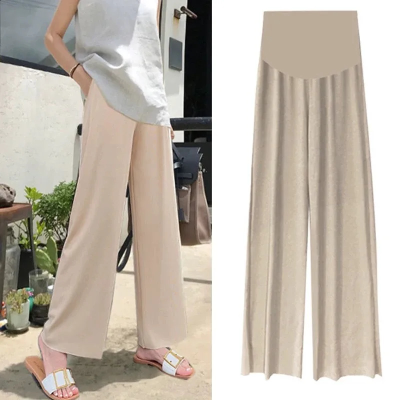 Summer Ice Silk Maternity Wide Leg Pants Loose Pleated Nine Points Thin Cool Comfortable for Pregnant Women 261015