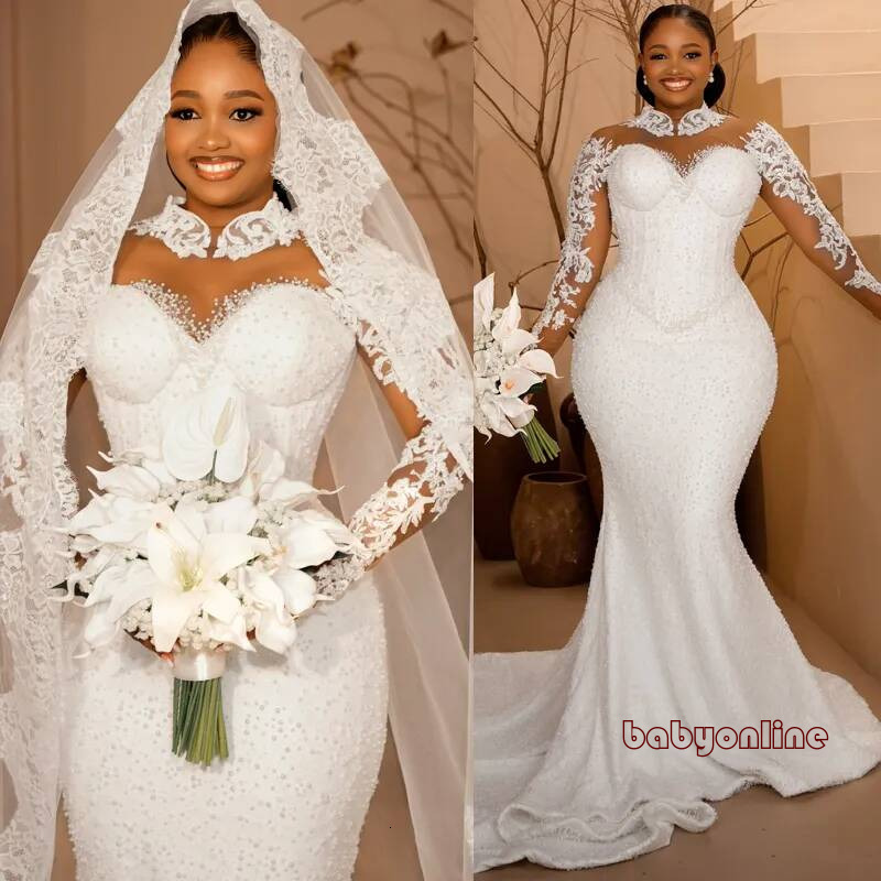Plus Size Arabic Off White Bride Mermaid Wedding Gowns Pearls High Neck Tiers Beaded Lace Rhinestones Bridal Dress For Marriage