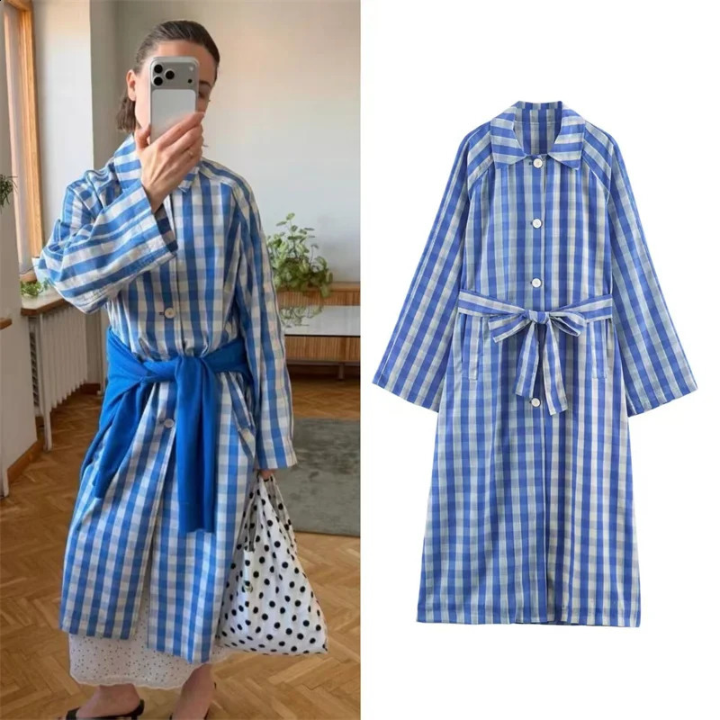 Guobioziy Women's Jacket 2026 Autumn Blue Plaid LongSleeve Trench Coat with Belt LooseFit Long Casual Fashion Lazy 260922