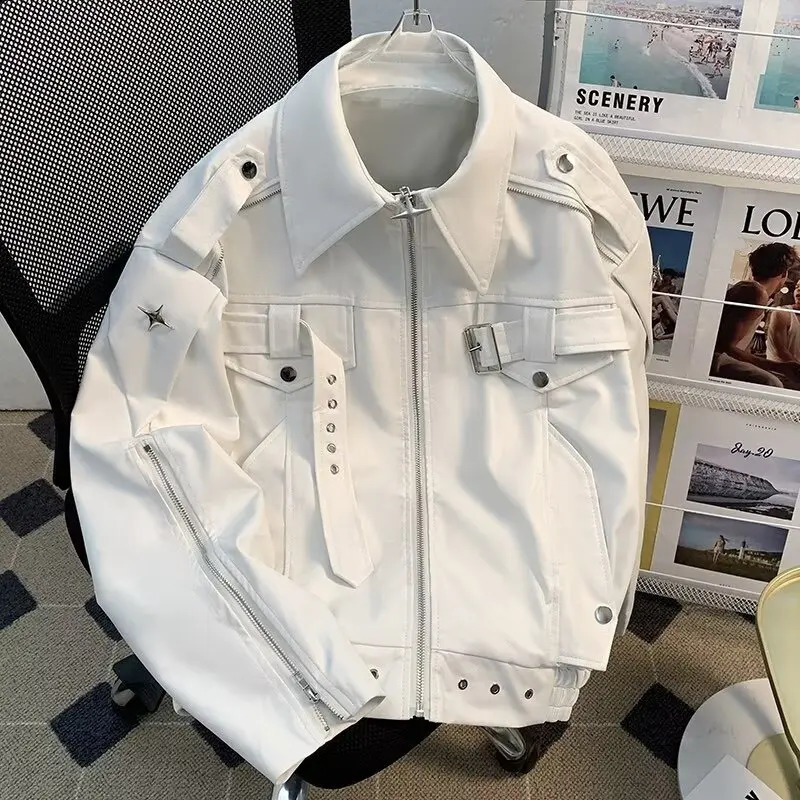 Mens High Street American Deconstructive Leather Jacket Winter Motorcycle Loose Cool Short Coat 261014