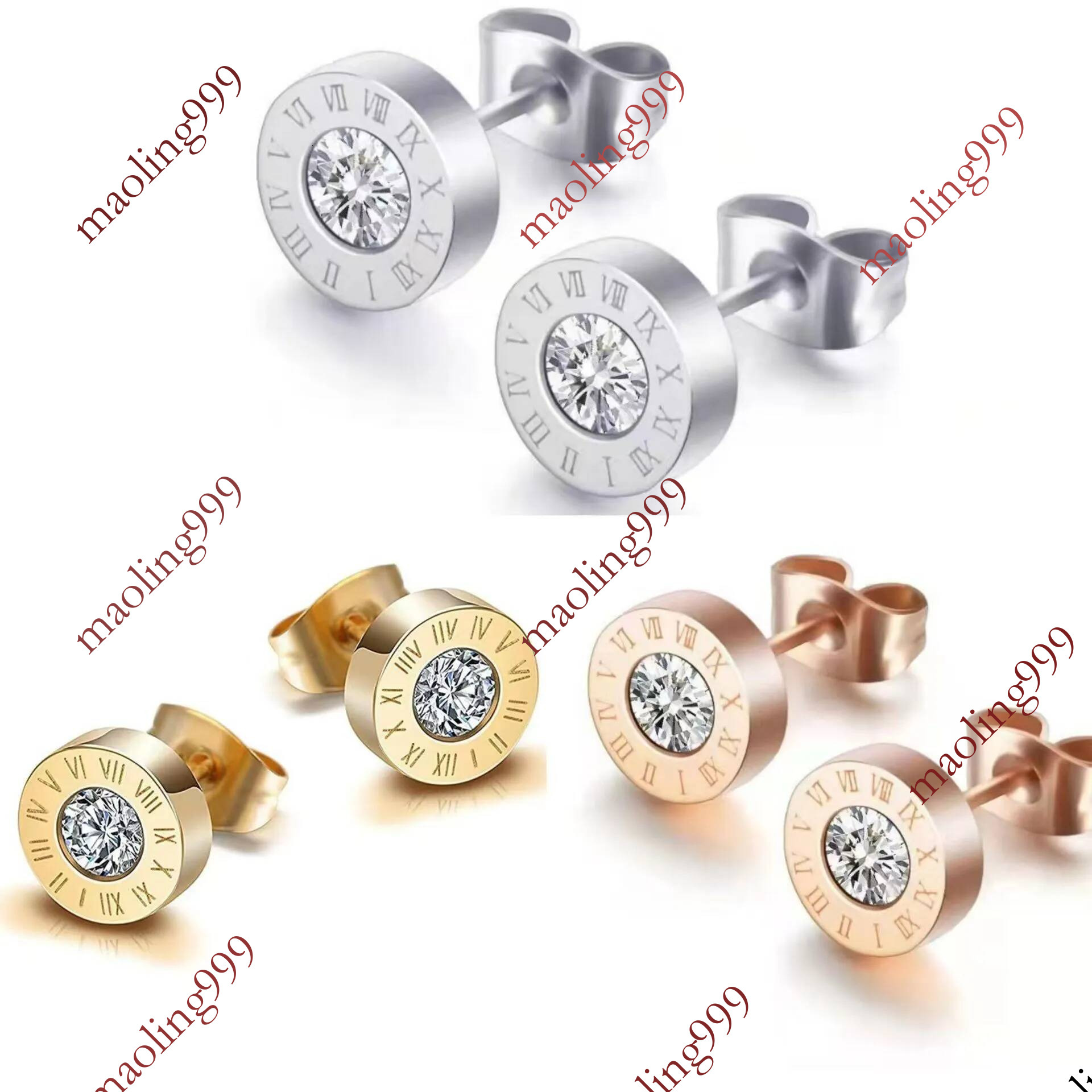 8MM Round Roman Numeral 316L Stainless Steel Shine Zircon Diamond Stud Black Gun Gold Plated Number Design For Women Men's Earrings Designer Ea
