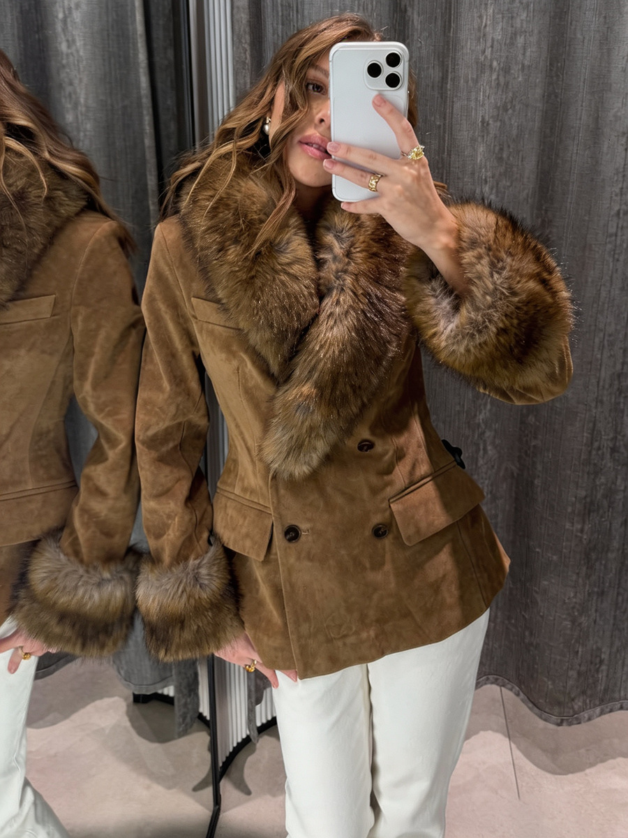 Women S Suede Coat Double Breasted Faux Fur Collar Cuffs Winter Warm Elegant Luxe Chic Outerwear