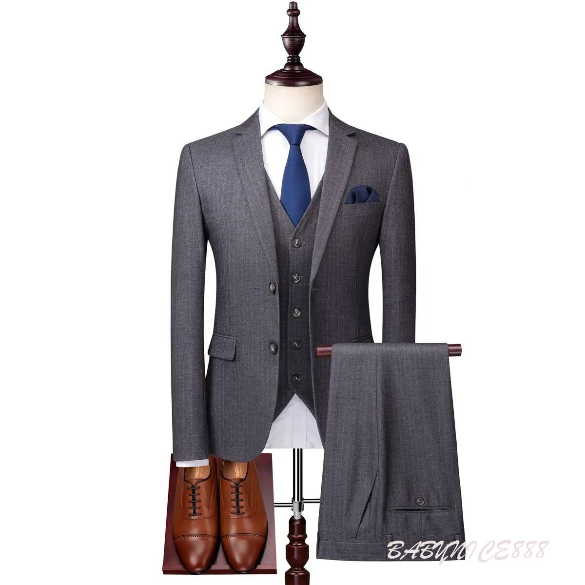 Grey Mens Pinstripe Suits British Style Slim Notch Lapel Groom Party Tuxedo Wedding Tuxedos Formal Prom Suit (Jacket+Pants+Vest)