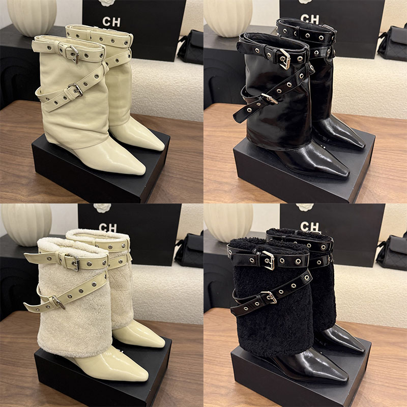 boots designer womens luxury short boots calf leather belt buckle pointed stacking boots perfect pants and boots for ladies dinner size 35-41