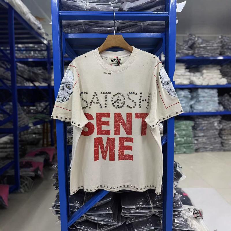 Washed Distressed Beaded Ripped Short Sleeve T-Shirt Letter Animal Print Loose Fit Cotton Crew Neck Vintage Tee