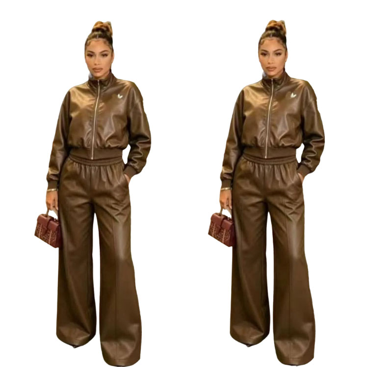 Autumn winter PU leather Tracksuit women's embroidery casual Track suits stand collar zipper short jacket high waist wide leg two-piece set mot