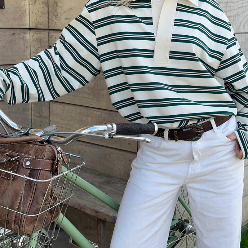 Designer Striped Polo Neck Long Sleeve Top Loose Casual Elegant Commuting Womens Blouse Office Shirt