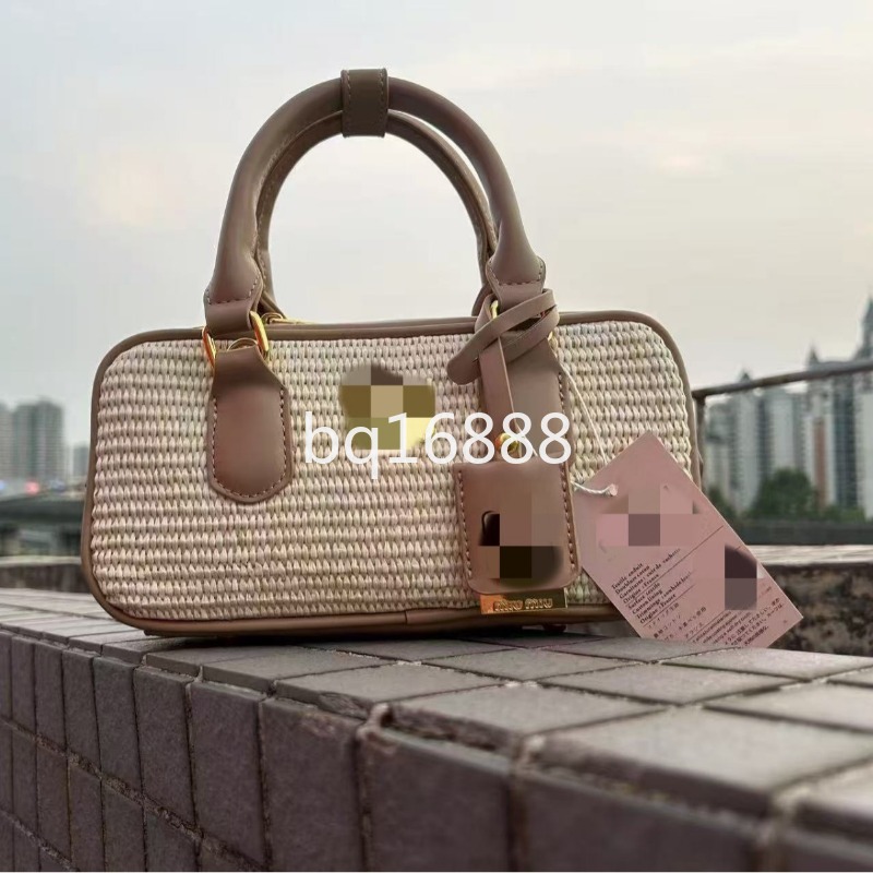 Women Straw Woven Handbag Retro Splicing Leather Top Handle Bag Summer Beach Casual Mini Boston Crossbody Purse with logo 813